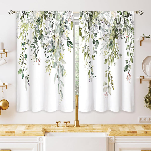 Sage Green Eucalyptus Botanical Leaves Floral Kitchen Window Curtains, 26x36 inch, Short Cafe Drapes for Bathroom