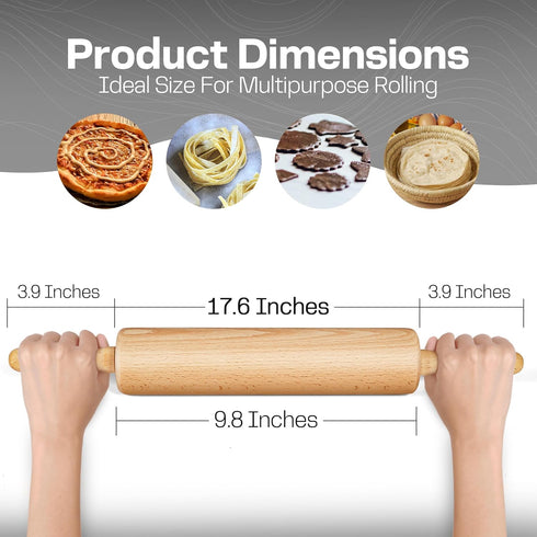 All-Purpose 17.6 Inch Beech Wood Non-Stick Rolling Pin for Baking, Pizza, Pasta, Pie, Cookies, Pastry