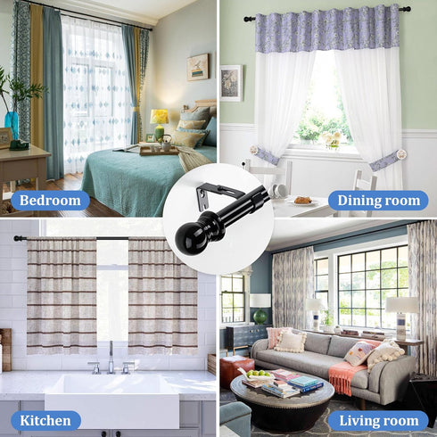 Curtain Rod, 48" - 84" Adjustable Black Curtain Rods for Windows, 1" Diameter with Brackets