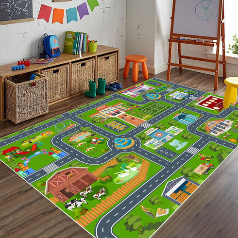 31''x47'' Kids Road Car Rug, Playroom Rugs City Road Race Track Rugs for Playing Cars Toys, Kids Car Rug Play Mat Road