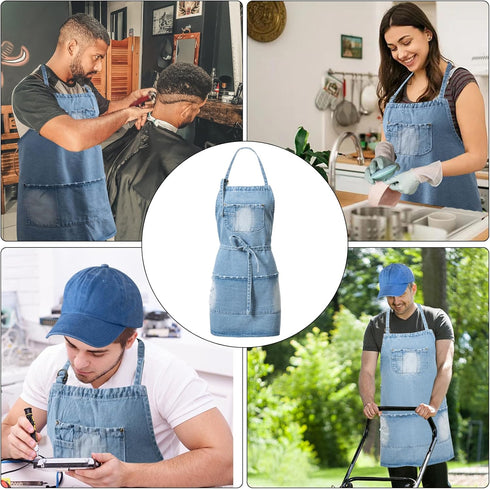 5 Denim Apron With Pockets for Kitchens,Hairstylist Aprons for Women Men,Adjustable Bib Jean Apron for Arts Cafe Work
