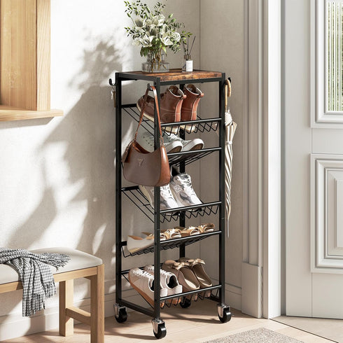 6 6-12 Closet Tier Rotating Shoe Rack Tower with Wheels, Wooden Shoe Storage Organizer with Hooks, Sturdy Metal Narrow