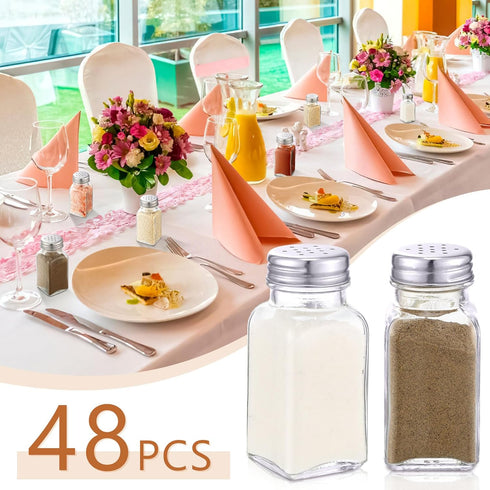 48 Pack 2.7oz Bokon Glass Salt Shaker Bulk with Stainless Lids Tops Small Spice Shaker for Kitchen Restaurants