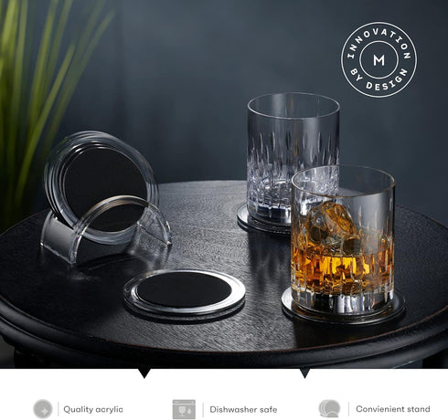 Acrylic Drink Coasters Set of 6 - Premium Stylish Black 4 Inch Coaster Set for Tabletop Protection, Home Decor Accent