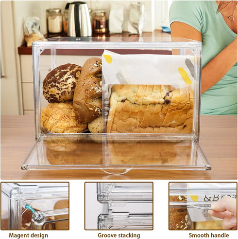 RISICULIS 2PCS Countertop, Counter, Large Bread Box for Stackable Double Layer Storage Container, Clear Boxes