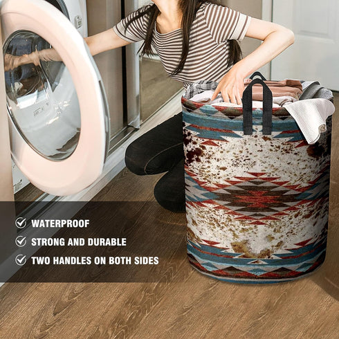 Western Aztec Cow Print Baby Laundry Hamper, Waterproof Storage Bin for Clothes Organizer, Room Decor