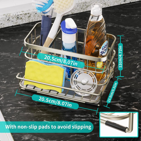 SUS304 Countertop- HapiRm Kitchen Sink Caddy Organizer - Versatile Sponge Holder with Drain Tray, Stainless Steel