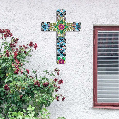 Floral Cross Wall Decor - Hand Painted Inspirational Wooden Cross, Mexican Art for Home Room Church Decoration