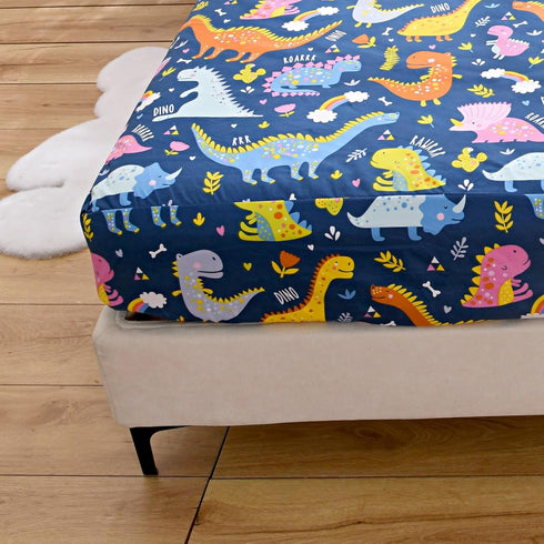 Bedding Fitted Sheet with Deep Pocket for Twin Bed, Dino Printed Thicken Fabric (Navy Blue)