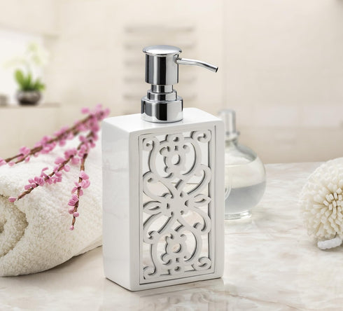 Creative Scents Janette White Hand Soap Dispenser - Mirrored Bathroom Lotion Dispenser for Countertop with Durable