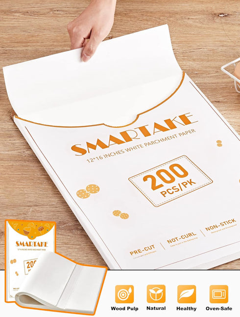 SMARTAKE 200 Pcs Parchment Paper Baking Sheets, 12x16 Inch Non-Stick Precut for Baking, Grilling, and More