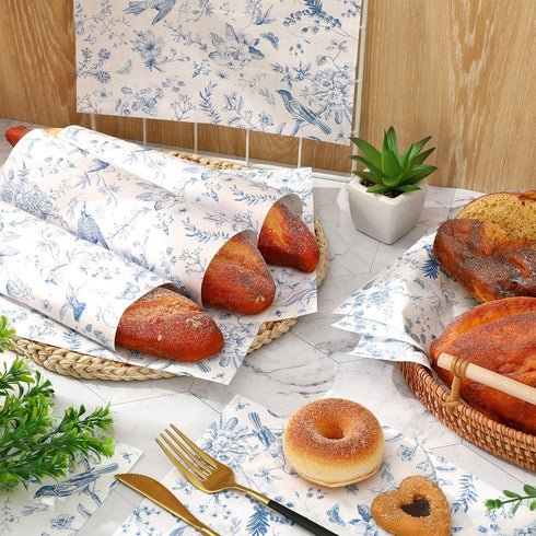 150Pcs Blue Floral Wax Paper, Chinoiserie Bird Flower Deli Paper, 9.8 x 8.3 Inch, Waterproof Oil-Proof Picnic Liners