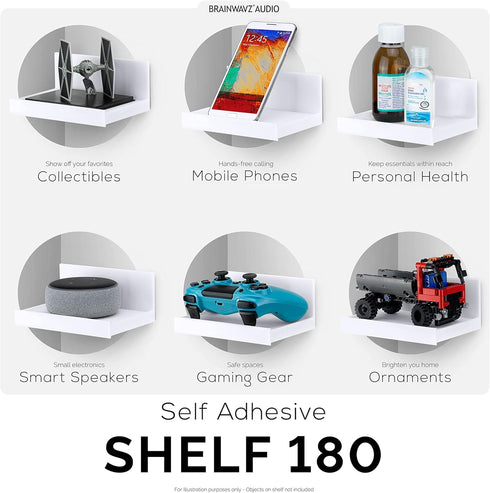 5.4" (SHELF180, Adhesive Small Floating Shelf for Speakers, Books, Plants, Cameras, Toys, Decor & More, Screwless Wall