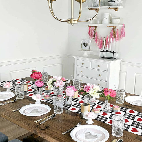 Buffalo Check Table Runners 90 Inches Long, Valentine's Day Love Heart Plaid Black White Table Runner for Family Dinner