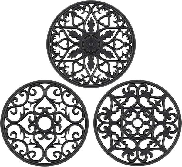 SMARTAKE 3 Set Silicone Trivet Mats, Multi-Use Non-Slip Kitchen Mats for Hot Dishes, Pots, Dining Countertop, Black