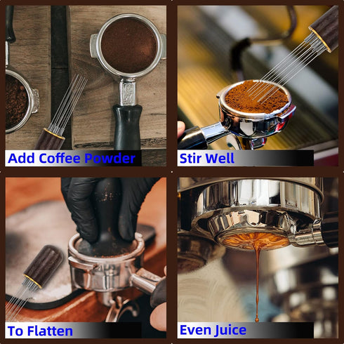 Espresso Coffee Stirrer with 8 Needles, 0.4mm Distribution Tools with Natural Wood Handle