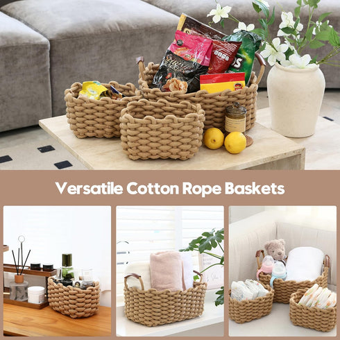 Sea Team 3-Pack Rectangle Woven Cotton Rope Storage Baskets - Shelf Basket, Closet Organizers, 3-in-1, Khaki
