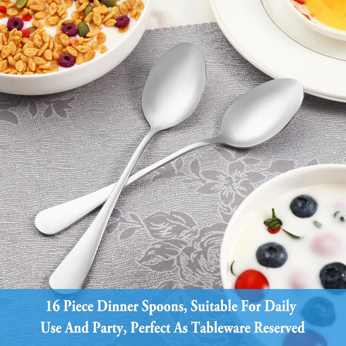 Dinner Spoon Set, 16 Pcs 7.3" Tablespoons, Premium Food Grade 18/10 Stainless Steel, Durable Metal Spoons, Mirror