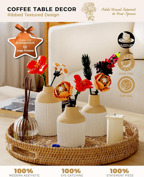 VUZDVJO Set 3 Beige Decorative Vase of - Modern Boho Style Ribbed Ceramic Bud Vases for Flowers, Mini Small Vases