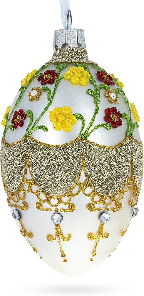 Multicolor Flowers on White Glass Egg Ornament, 4 Inches