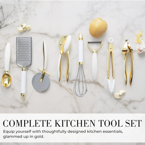 White & Gold Kitchen Tools and Gadgets - Luxe 8PC Cooking Utensils Set with Anti-Slip Handles, Gold Kitchen Accessories