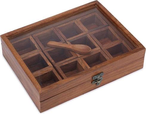 12 1 Ajuny Wooden Spice Box - Masala Dabba Organizer with Glass Lid on Top, Removable Compartments and Designer Spoon