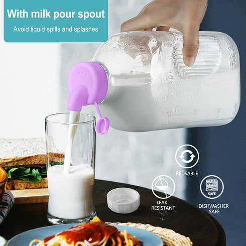 2 Pack 64 Oz 1 3 2 2 1/2 Heavy Duty Glass Milk Bottle with Silicone Spout and Reusable Airtight SCREW LID, Qt Glass