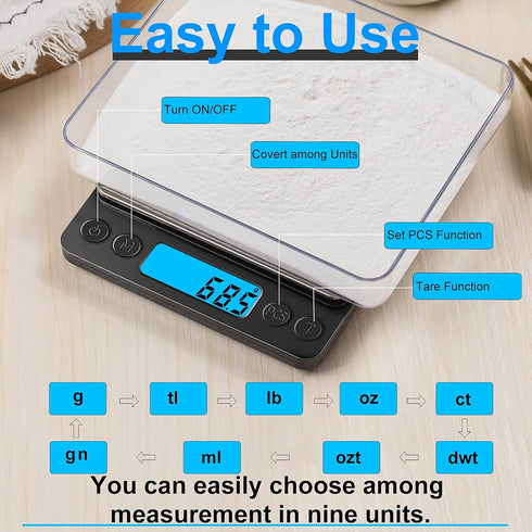Digital Food Kitchen Scale, YONCON 3000g/0.1g High Accuracy Mini Pocket Scale for Cooking, Baking, Jewelry (Batteries