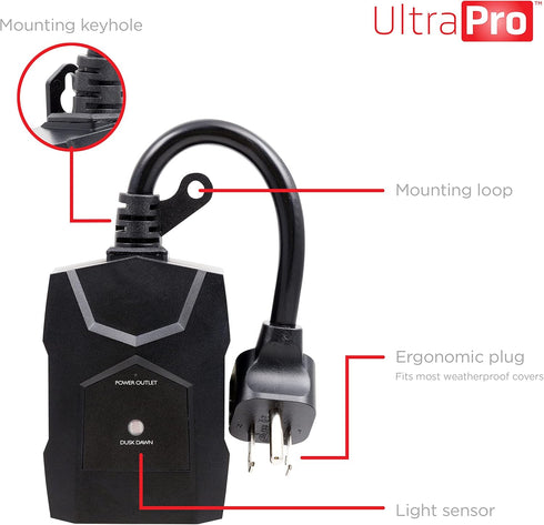 2 Pack, 71069 UltraPro Outdoor Dusk to Dawn Outlet Timer, WeatherResistant Light Sensor Plug, Single Outlet Automatic