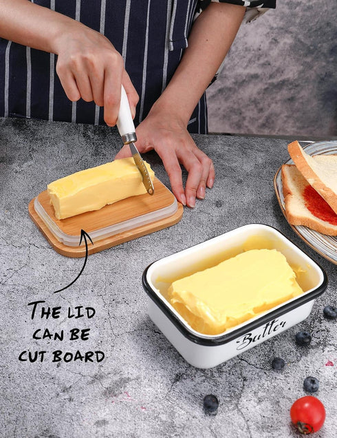AISBUGUR Butter Dish with Lid for Countertop, White Metal Butter Keeper with Stainless Steel Knife, Kitchen Gift Set of