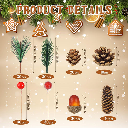 180 Pcs Christmas Pine Cones and Holly Berry Craft Set, Natural Pine Branch Decorations for DIY Home Gifts