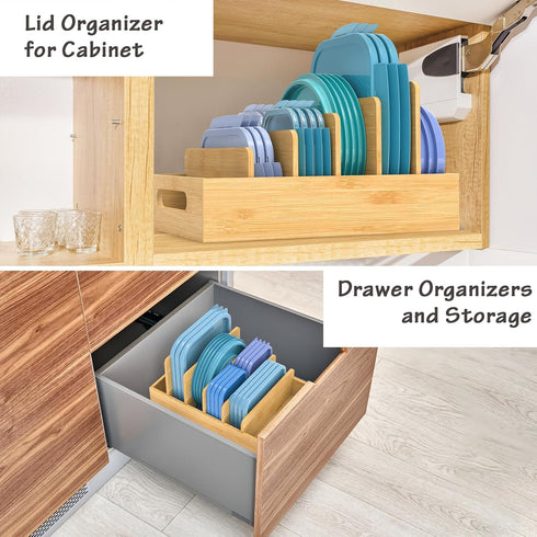 Retro Shaw Bamboo Food Container Lid Organizer with Adjustable Dividers for Cabinet, Lid Organizer for Plastic Lids