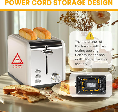 Simple Deluxe 2-Slice Toaster, White, 6 Browning Settings, 3 Functions, Extra Wide Slot & Removable Crumb Tray