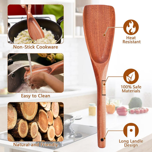 Wooden Cooking Spatula for Nonstick Cookware, Solid Kitchen Utensil Spoon and Spatula in One