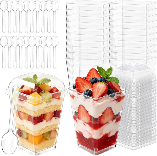 DOUDOULE 100 Pack 5oz Plastic Dessert Cups with Lids and Spoons, Mini Clear