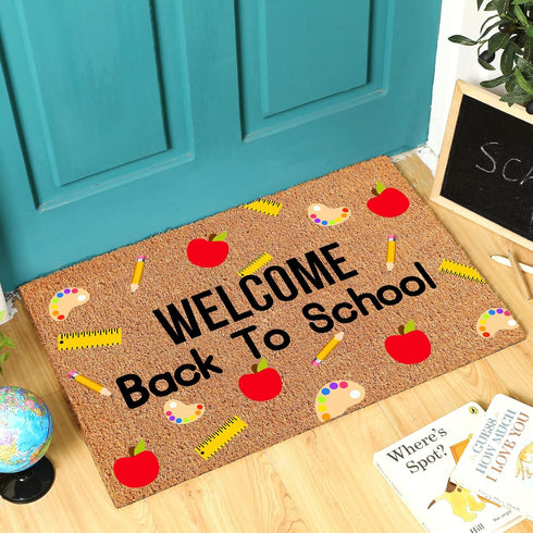 Welcome Back to School Coir Doormat, 16 x 24 Inches Non-Slip Backing Classroom Decor for Indoor Outdoor Entrance