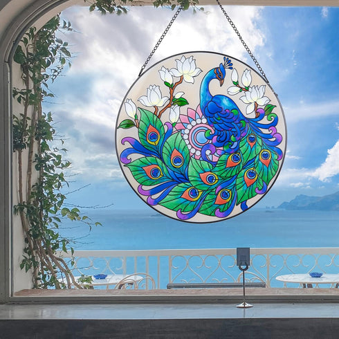 MUMTOP Stained Glass Window Hanging Suncatcher, Peacock Design Hand-Painted Glass Panel Home Decor, 12 Inch