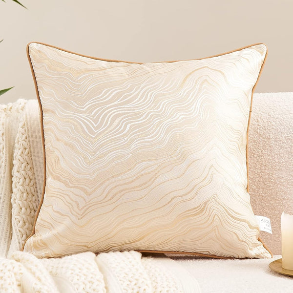 Avigers 18 x 18 Inch Square Beige Gold Abstract Striped Embroidery Cushion Case - Luxury Decorative Pillow Cover