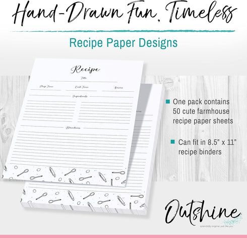 Outshine Premium Recipe Paper for 8.5" x 11" Recipe Binders, Farmhouse Design (50 Sheets) | Full Size Recipe Refill Pages for Binder | Recipe Card Sheets | No-Smear Matte Paper