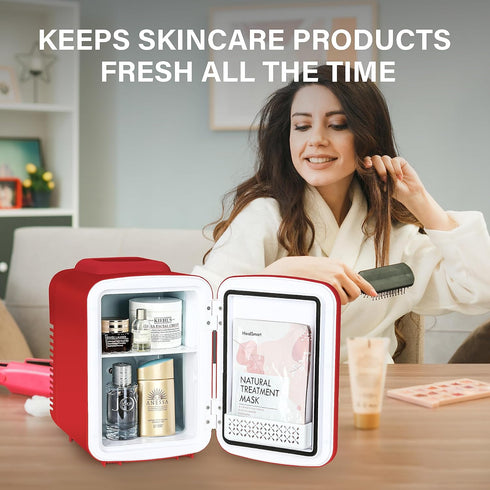 Simple Deluxe 4L Portable Mini Fridge, Compact Cooler & Warmer for Skincare, Food, Beverages, Red