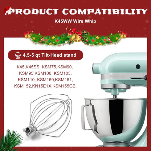 K45WW Wire Whip Attachment for Tilt-Head Stand Mixer, Stainless Steel Egg Cream Stirrer, Fits 4.5-5QT
