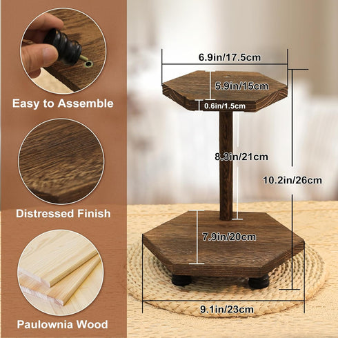 Tikea Hexagonal Wood Riser for Display - 2-Tier Rustic Wood Pedestal Stand for Kitchen Bathroom Counter Decor