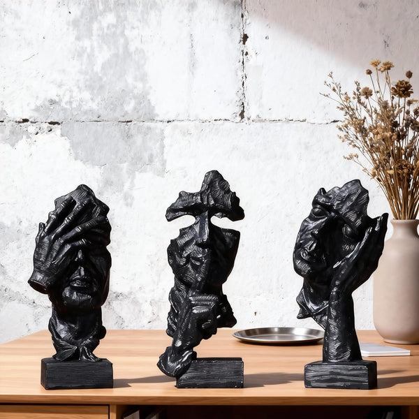 3 Pcs Thinker Statue, Silence is Black Abstract Art Figurine, Modern Home