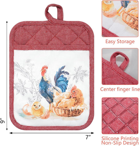 Pot Holders Set of 3 - Silicone Non Slip Heat Resistant Hot Pads, Cotton BBQ Grilling, Red Potholders