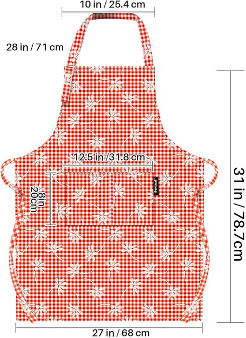 Adjustable Bib Kitchen Cooking Apron for Women/Men, 100% Cotton Gingham Check for Restaurant Cafe Shop