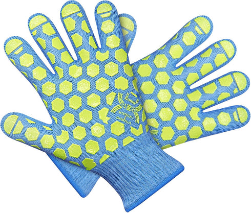 J H Heat Resistant Oven Gloves, EN407 Certified 932 °F, Sky-Blue Shell with Yellow Silicone Coating