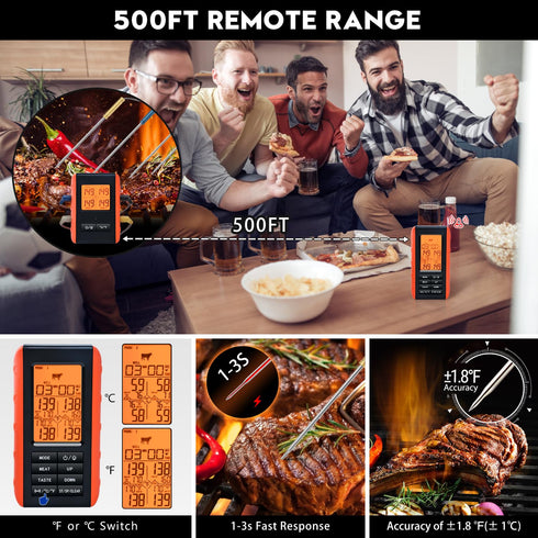 Wireless Meat Thermometer for Grilling and Smoking, BBQ Food Thermometer with 4 Meat Probes, Kitchen Timer