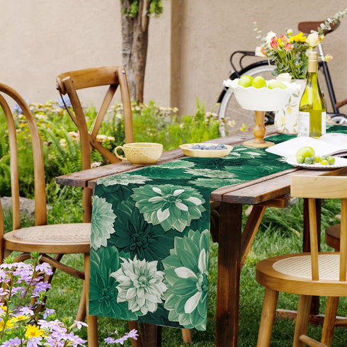 Summer 13x90 Inch Deep Green Dahlia Flower Spring Table Runner Green Gray Burlap Table Runners, Floral Seasonal Coffee