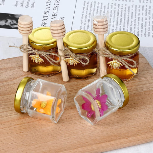 1.5 oz Hexagon Mini Glass Honey Jars - 30 Pack with Wood Dipper, Gold Lid, Bee Pendants, Jutes - Perfect for Baby