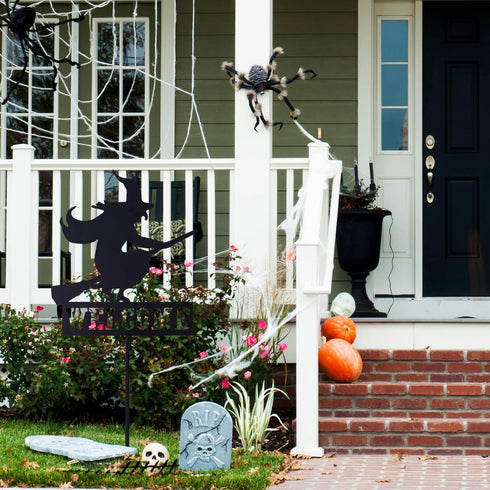 Whaline Halloween Welcome Sign with Stake, Spooky Witch on Broom Door Hanger, Black Witches Silhouette Garden Stakes